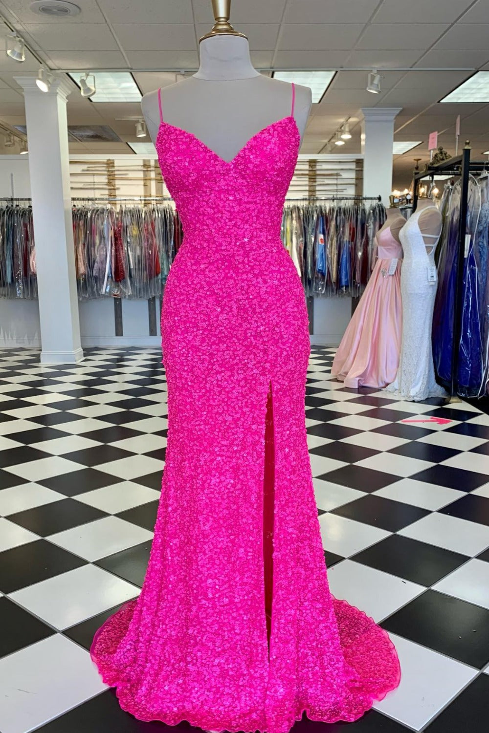 pink sequin prom dress
